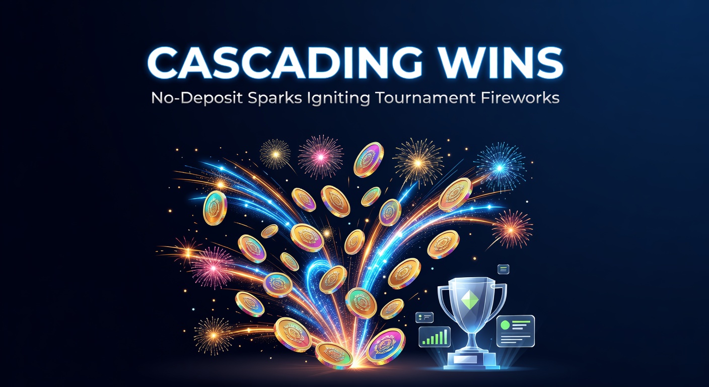 Grafik zeigt kaskadierende Pokerchips und Turnier-Trophäen, die durch No-Deposit-Boni explodieren