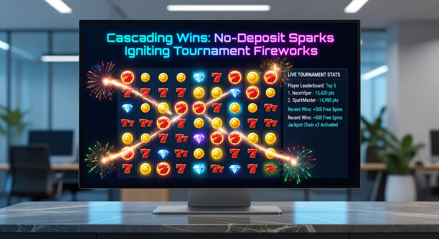 Szene eines Poker-Turniers mit explodierenden Chips und No-Deposit-Bonus-Symbolen im Vordergrund