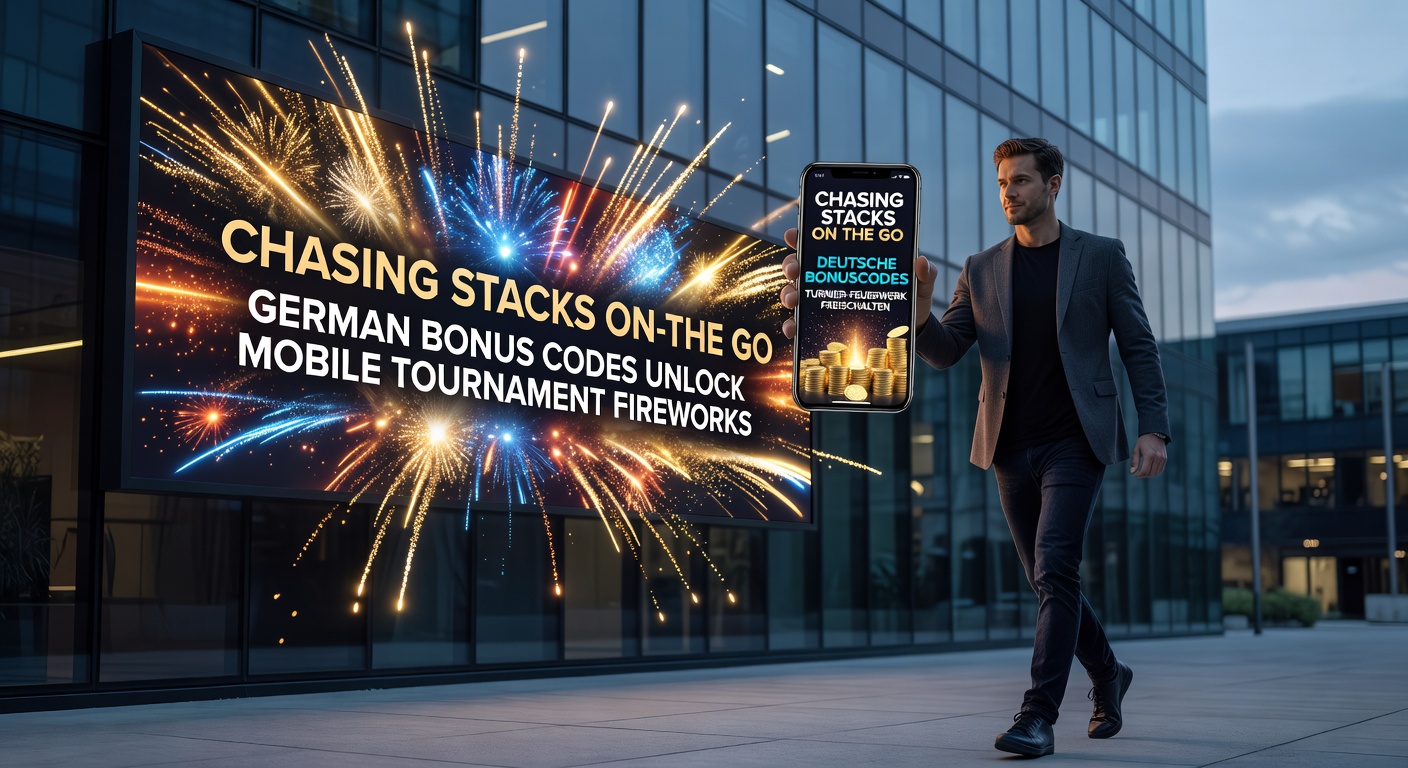Poker-Spieler tippt auf Smartphone-Bildschirm, während Turnier-Stacks in die Höhe schnellen, Bonus-Code im Vordergrund