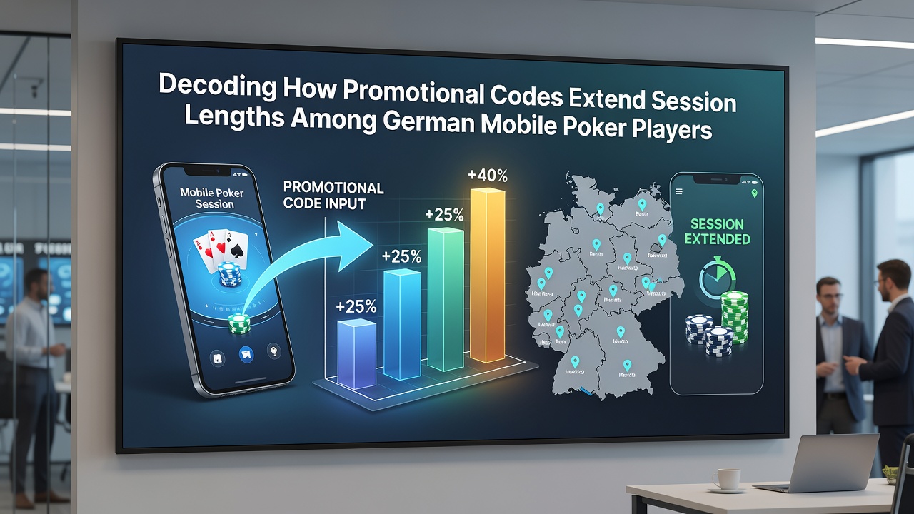 Diagramm vergleicht Session-Längen mit und ohne Promotionscodes in deutschen Mobile-Poker-Apps anhand von Balken und Zeitachsen