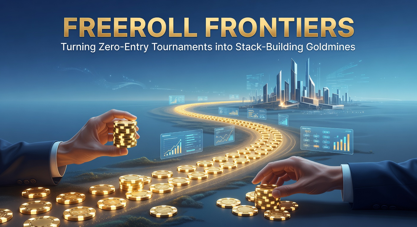 Poker-Spieler am Tisch bei einem Freeroll-Turnier, Stapel von Chips im Vordergrund, spannungsgeladene Atmosphäre
