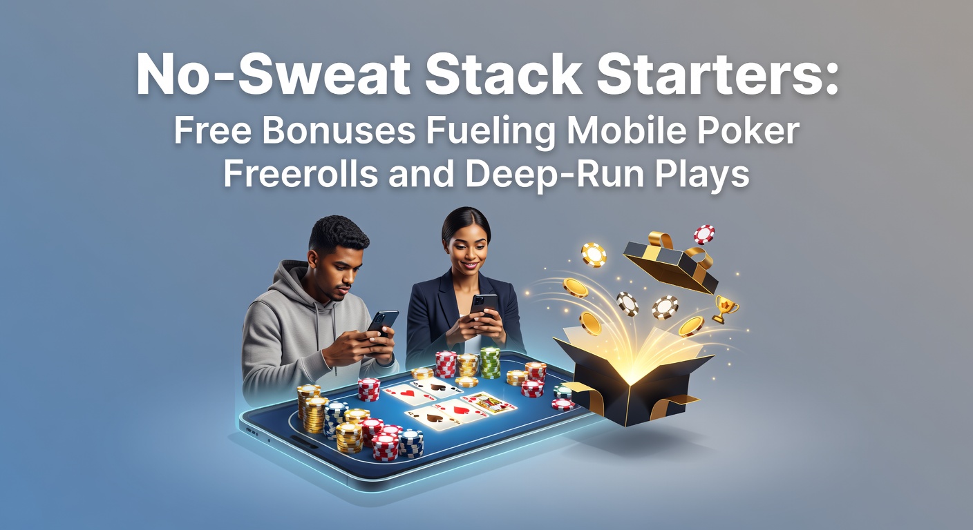 Smartphone mit Poker-App im Vordergrund, umgeben von Chips und Freeroll-Turnier-Icons, die den Einstieg ohne Einlage symbolisieren