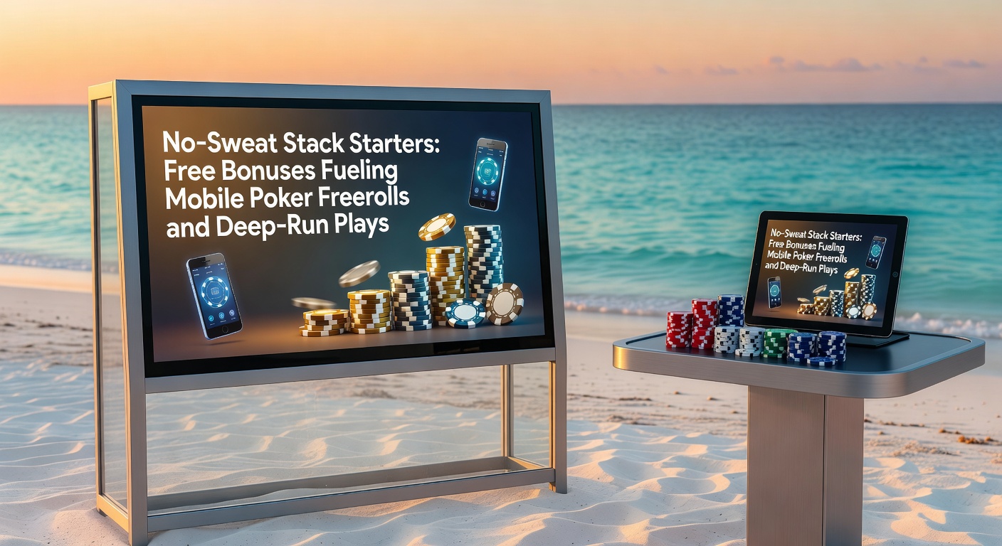 Grafik mit wachsenden Poker-Stacks auf einem Mobilbildschirm, ergänzt durch Bonus-Icons und Freeroll-Trophäen, die tiefe Turnierläufe illustrieren