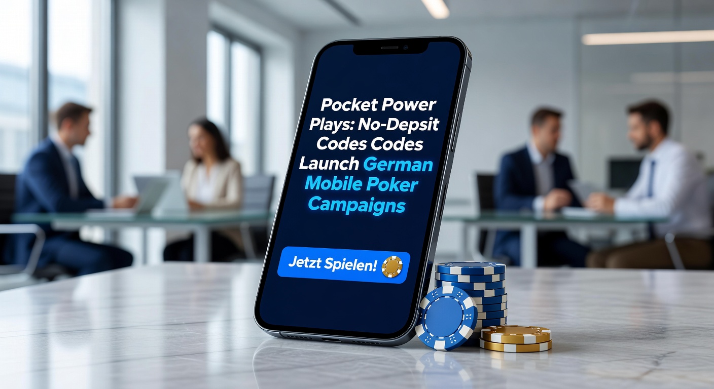 Smartphone mit Poker-App im Vordergrund, umgeben von virtuellen Chips und No-Deposit-Code-Bannern, die eine dynamische Mobile-Poker-Kampagne illustrieren