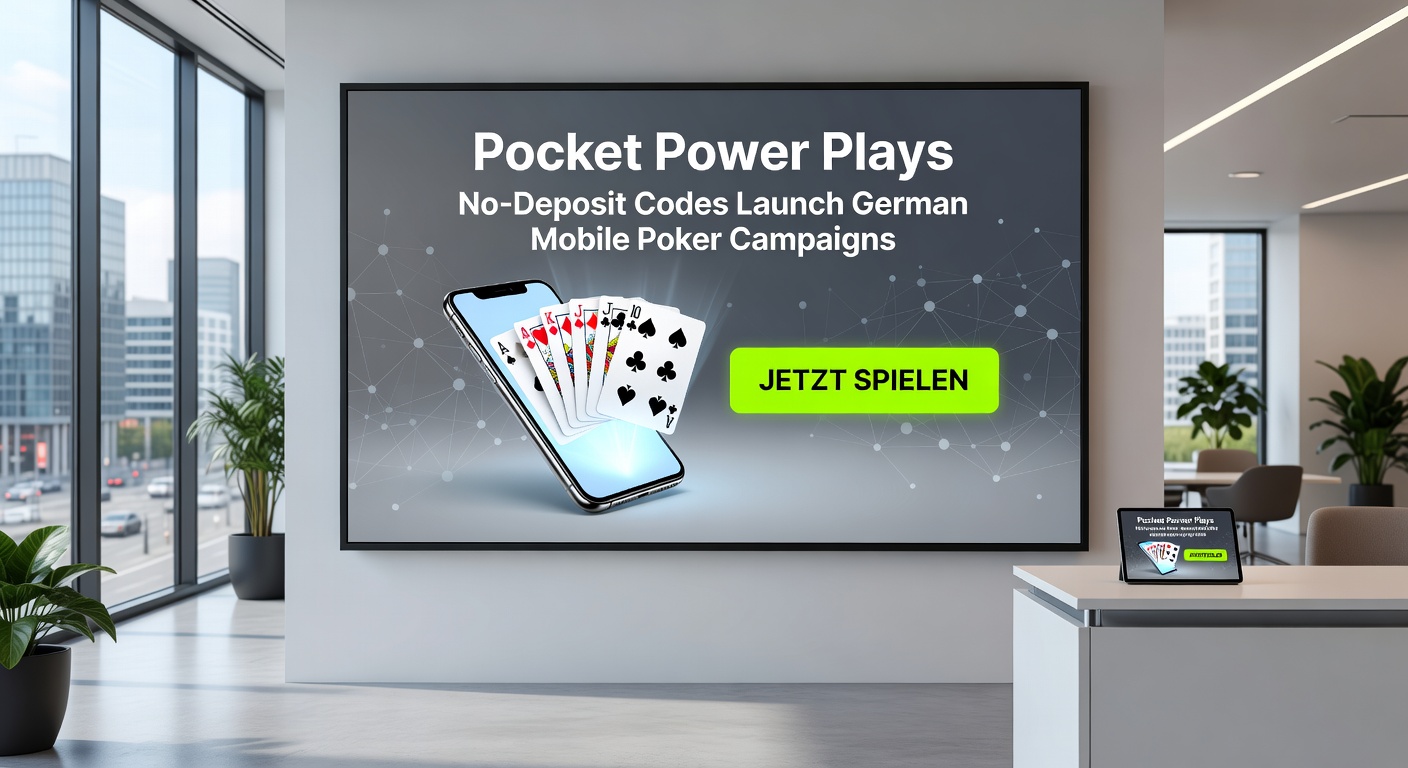 Gruppe junger Spieler mit Smartphones, die No-Deposit-Codes scannen und in einem virtuellen Poker-Turnier antreten, mit deutschen Fahnen und Chip-Stacks im Hintergrund