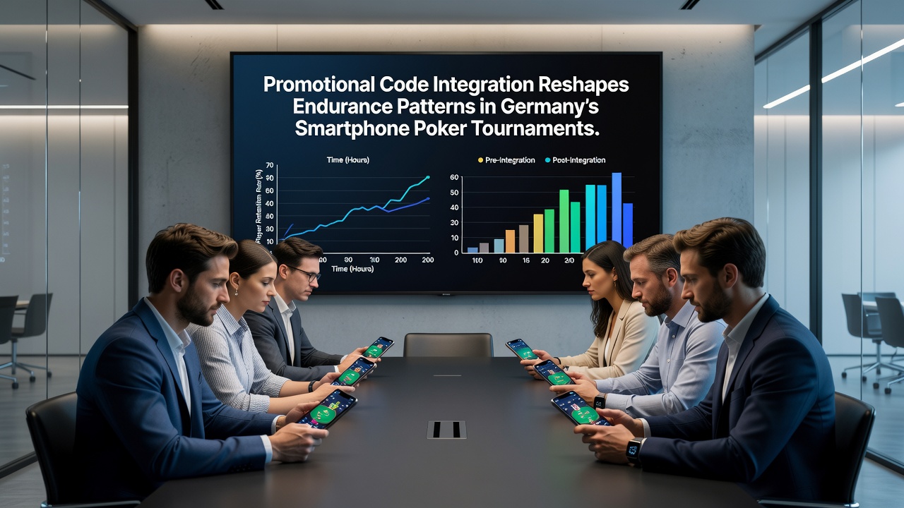 Smartphone mit Poker-App und integrierten Promotionscodes während eines Turniers